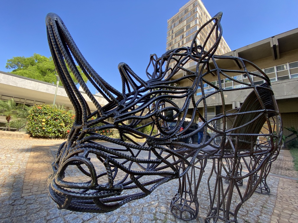 Firmino Piton/PMC Escultura “Rinoceronte Vestido de Banco” é instalada em frente ao MACC Campinas e integra o Festival Ocre