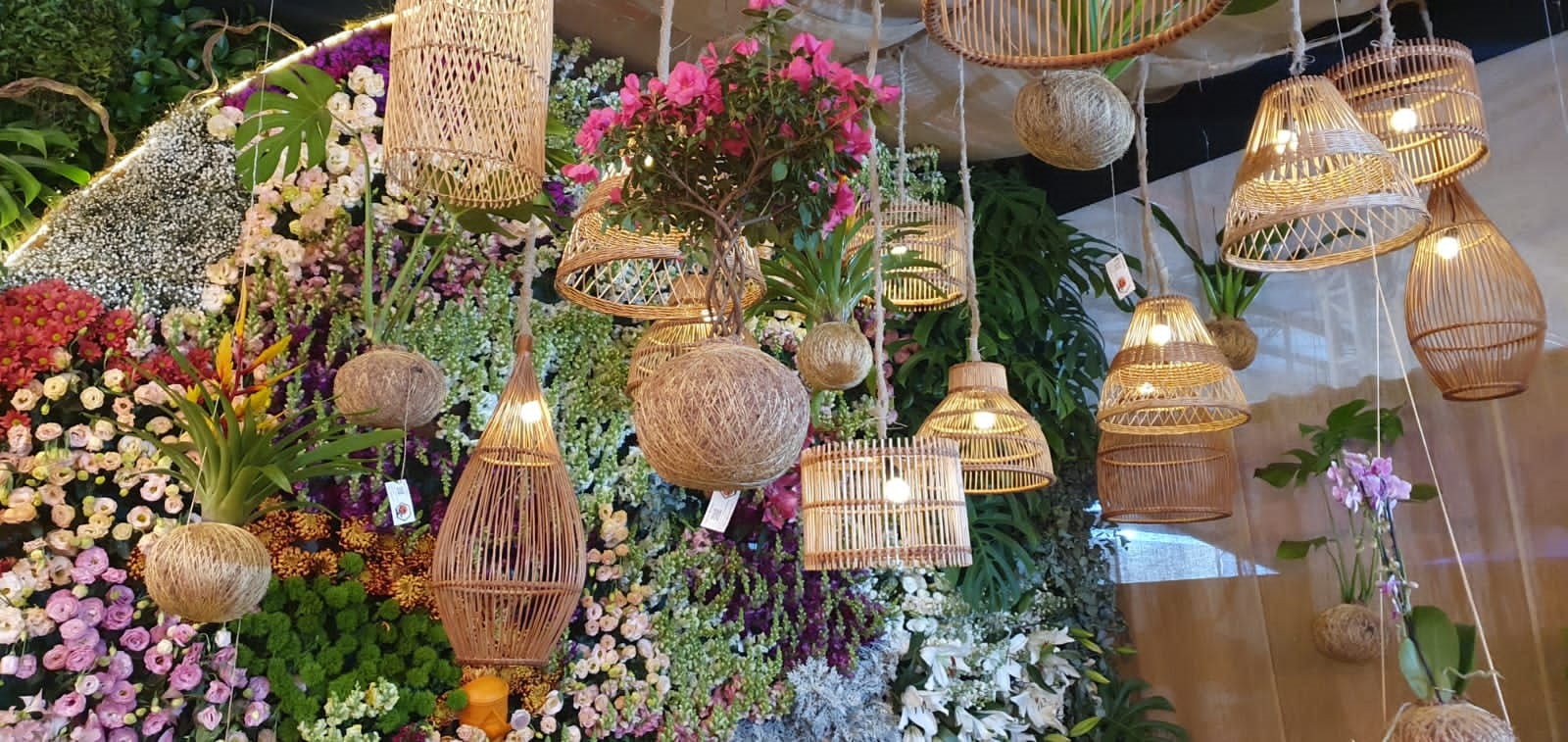 São apresentados flores, plantas e acessórios