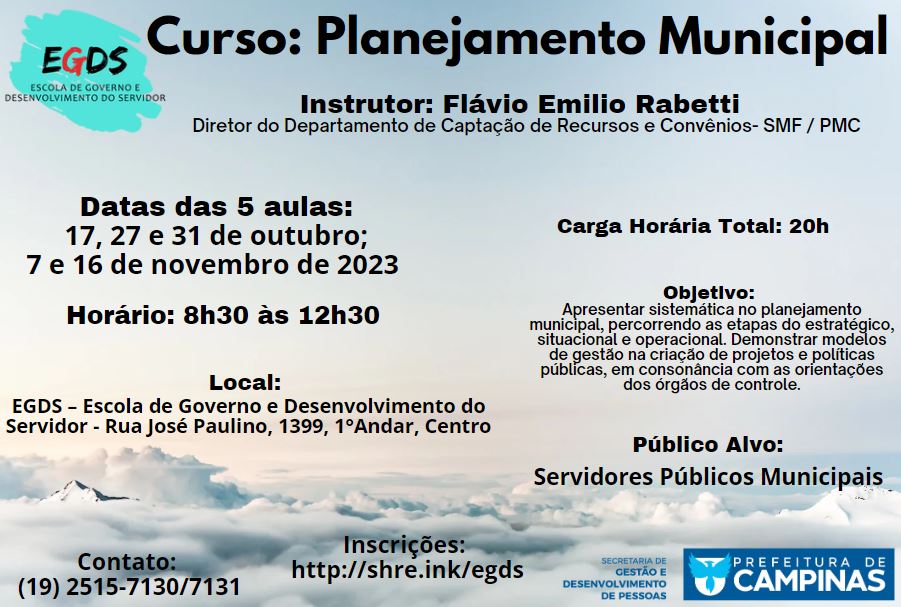 Curso vai apresentar a sistemática no planejamento municipal e demonstrar modelos de gestão