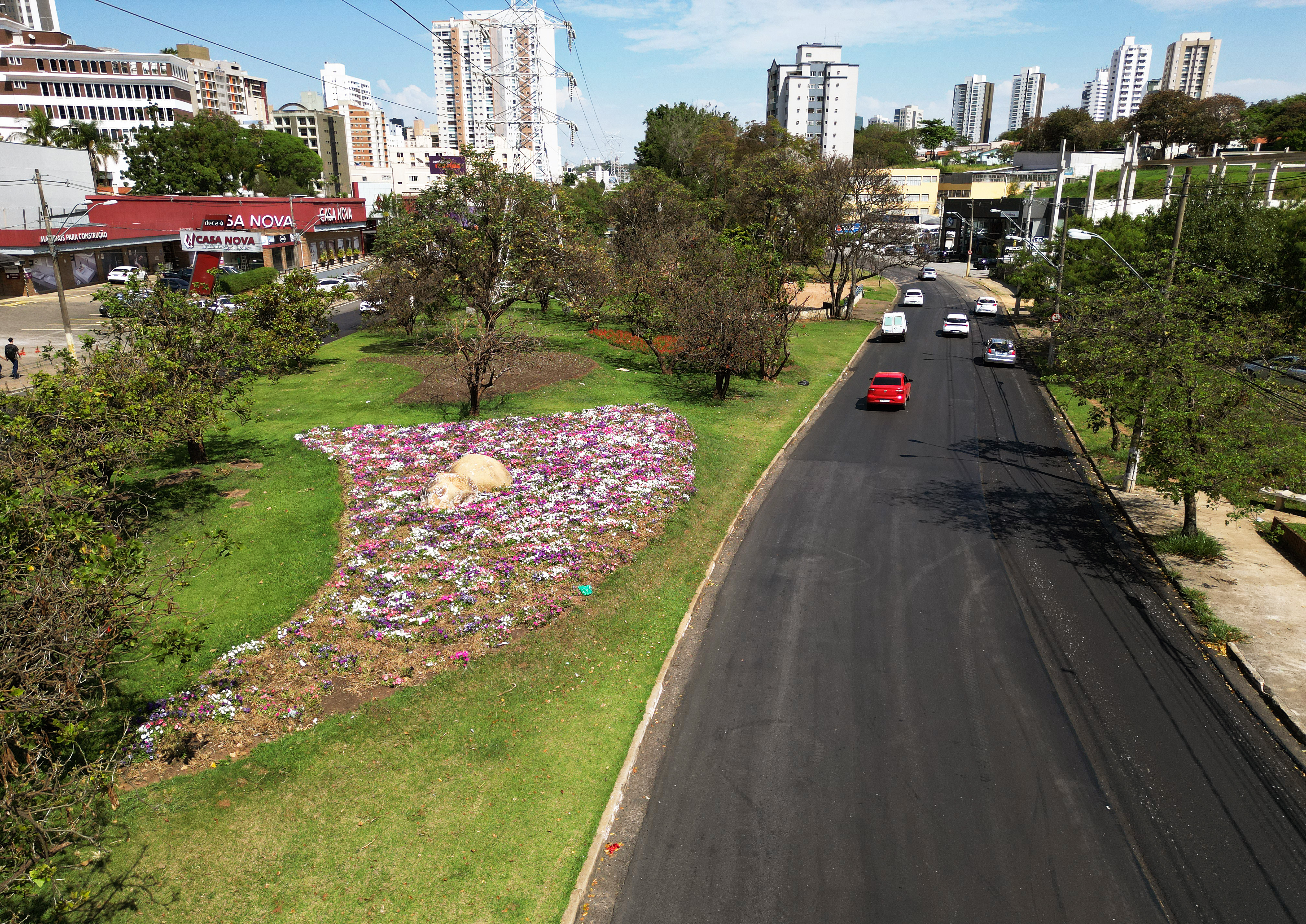 Vista do canteiro com flores na Avenida Orosimbo Maia