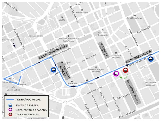 Ponto para embarque e desembarque passa a ser na quadra anterior ao cruzamento da avenida Dr. Moraes Salles com a rua Barão de Jaguara