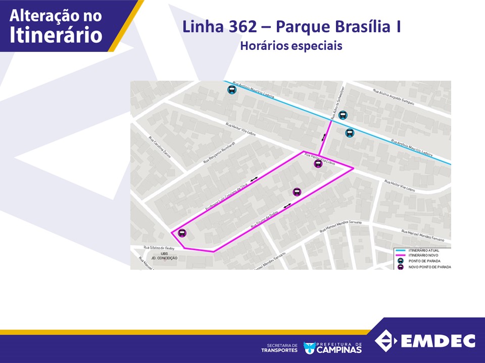 A linha 362 faz a ligação entre o Terminal Metropolitano Prefeito Magalhães Teixeira e o Terminal Shopping Iguatemi