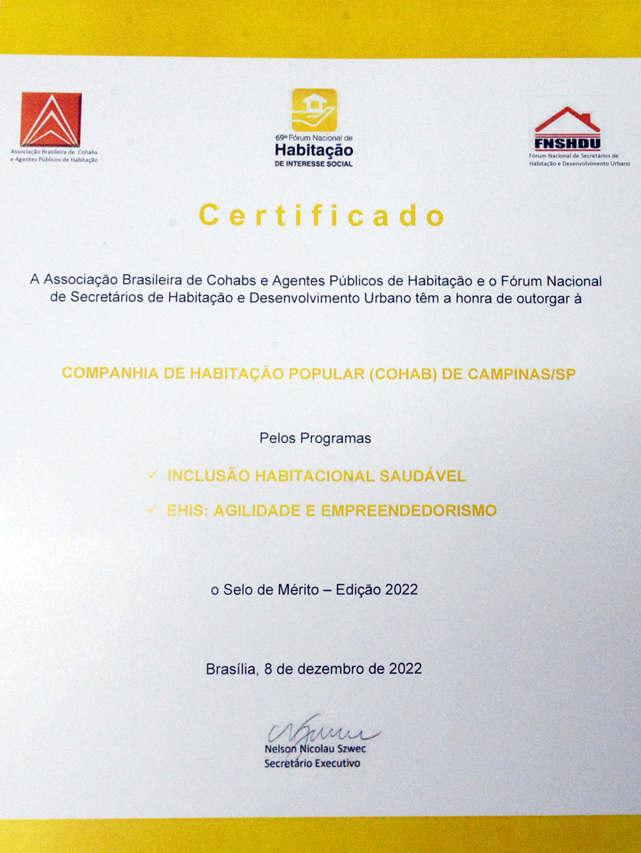 Certificação conquistada pela Cohab