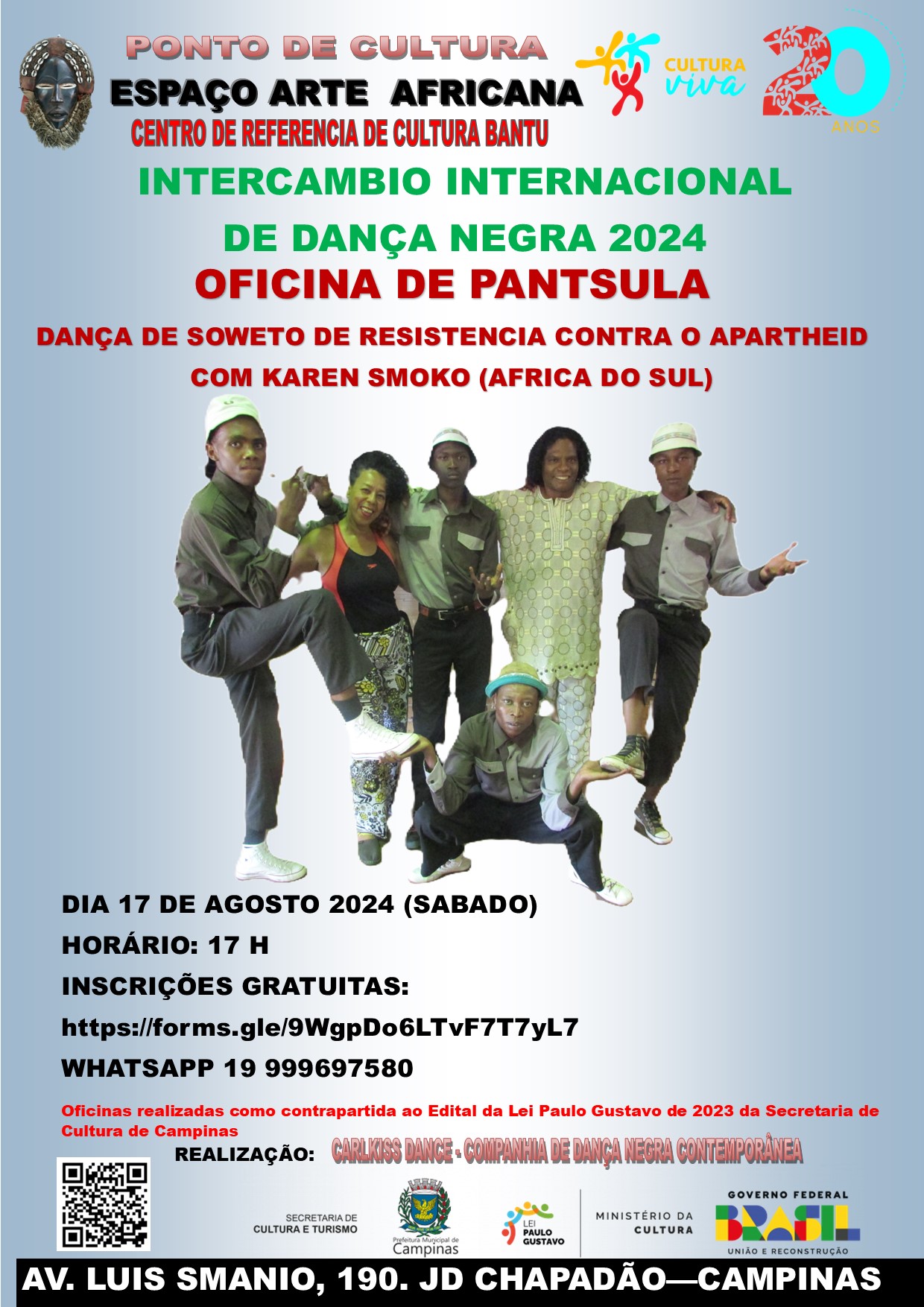 Oficina será com Karen Smoko, coreógrafo e bailarino da África do Sul