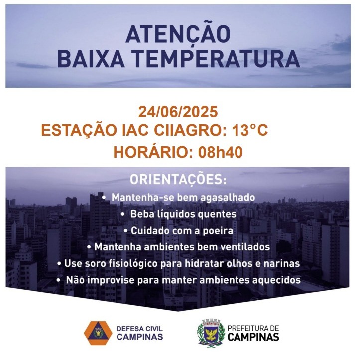 Divulgação A Defesa Civil de Campinas emitiu um boletim de alerta nesta terça-feira, 24 de junho, por conta das baixas temperaturas na cidade
