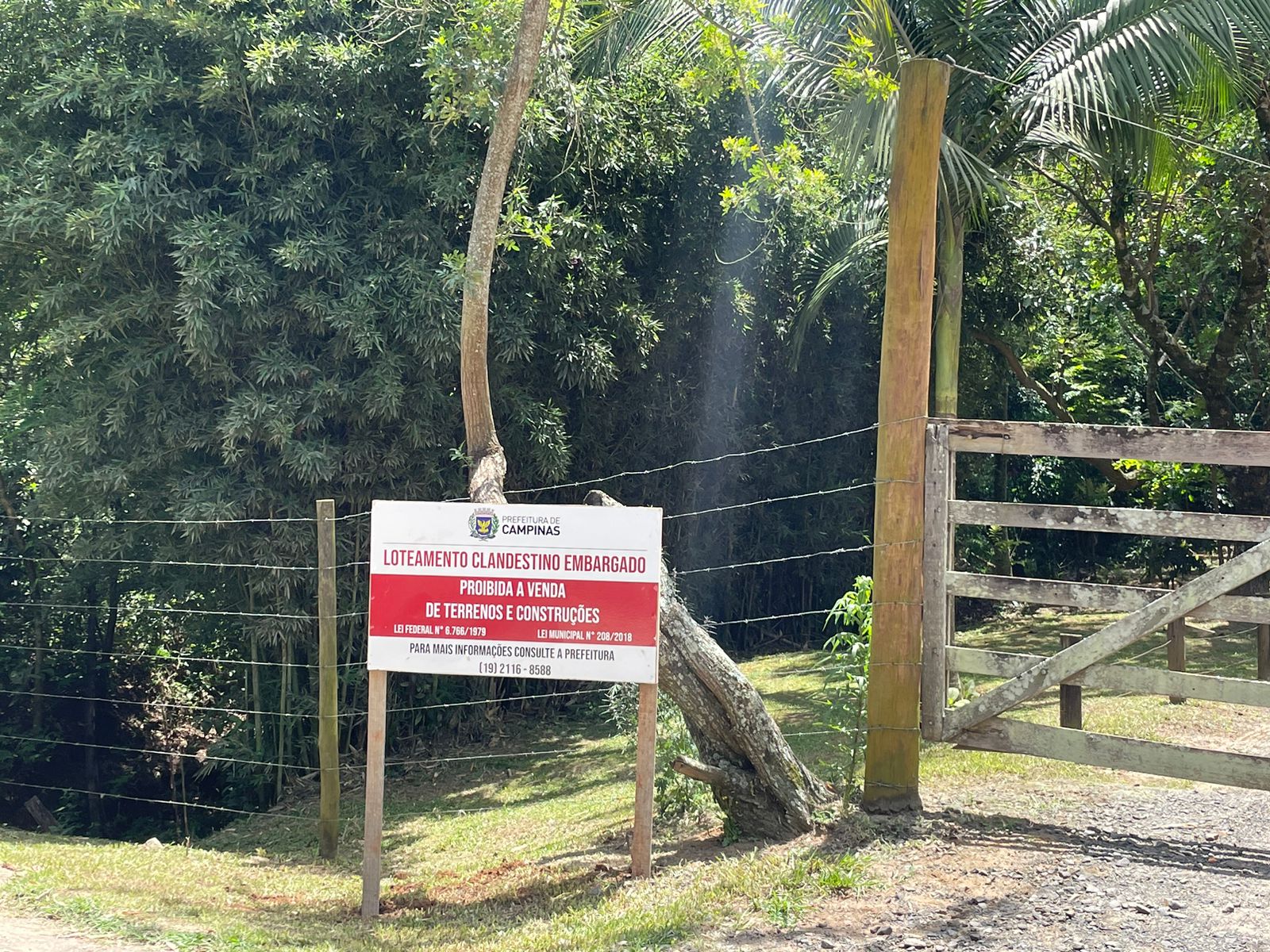 Placa da Prefeitura alerta sobre ilegalidade do loteamento