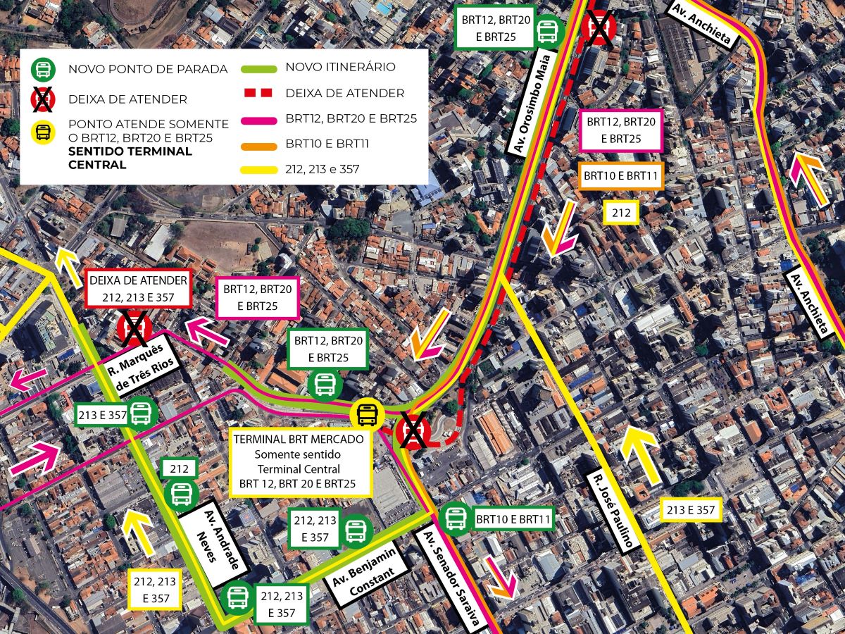Foto: Mapa indica as alterações em linhas e trajetos que ocorrem a partir desta sexta-feira | Crédito: Divulgação/Emdec Mapa mostra as alterações em linhas e trajetos